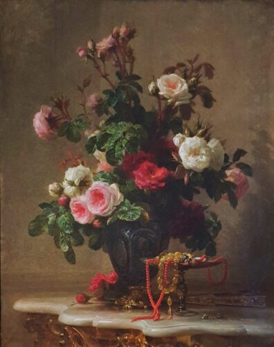 oeuvre de jean étienne joanny maisiat - rose et collier d’ambre et de corail - huile sur toile