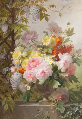 oeuvre de jules ferdinand médard - grand bouquet de pivoines dans un vase en albâtre - huile sur toile