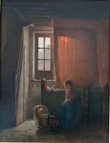 oeuvre de antoine bail - intérieur avec femme et berceau - huile sur toile