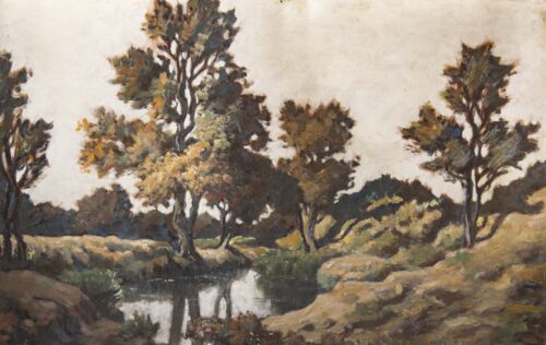 oeuvre de eugène brouillard - paysage à la mare - huile sur carton