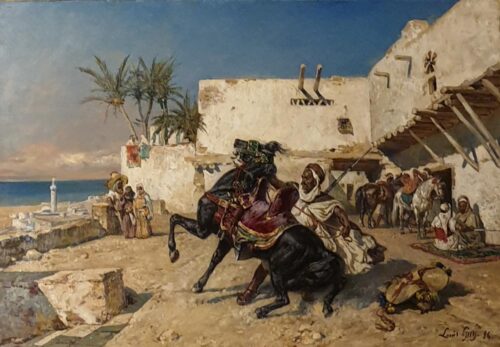 oeuvre de louis guy - cavalier dressant son cheval devant un fondouk au maroc - huile sur toile