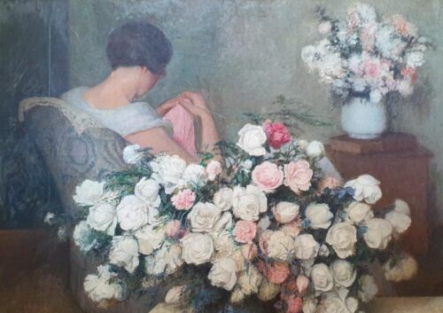 oeuvre de adolphe deteix - tricot dans le salon fleuri - huile sur toile