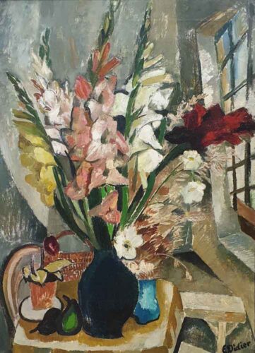 oeuvre de émile didier - fleurs dans un intérieur à la fenêtre - huile sur toile