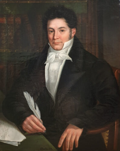 oeuvre de etienne douillet - portrait d’homme dans sa bibliothèque - huile sur toile