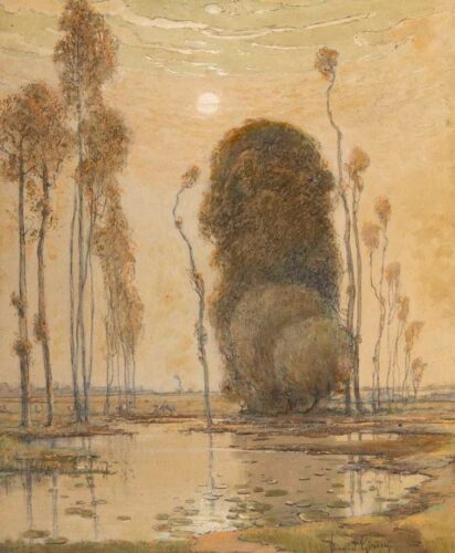 oeuvre de david-eugène girin - bord de la chalaronne, dombes. effet du matin - huile sur carton