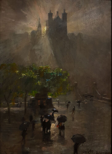 oeuvre de charles lacour - soleil couchant sur fourvière sous la pluie - huile sur carton
