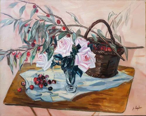 oeuvre de jacques laplace - nature morte aux cerises sur table de jardin - huile sur toile