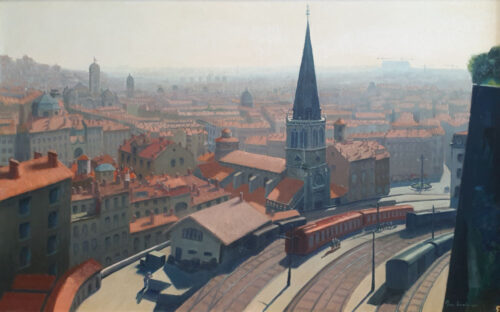 oeuvre de pierre laroche - vue de lyon depuis la gare st paul - huile sur toile