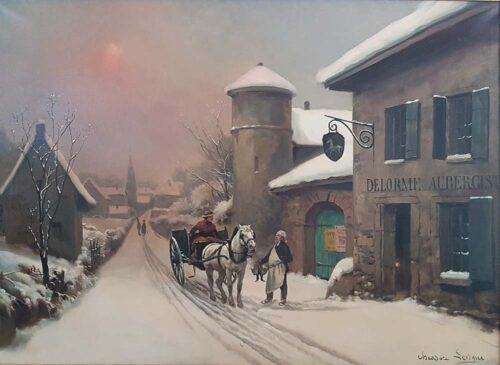 oeuvre de théodore levigne - vue de village en hiver - huile sur toile
