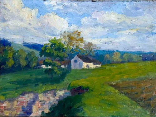 oeuvre de jacqueline marval - maison au bord de la falaise - huile sur panneau