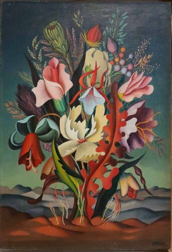 oeuvre de robert pernin - fleur dans un paysage surréaliste - huile sur toile
