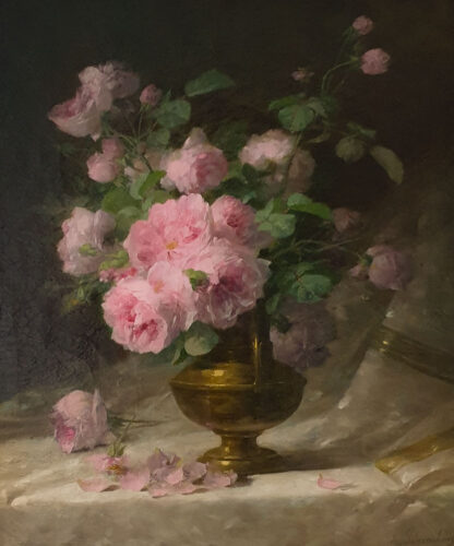 oeuvre de andré benoît perrachon - roses dans un vase à anses en cuivre - huile sur toile
