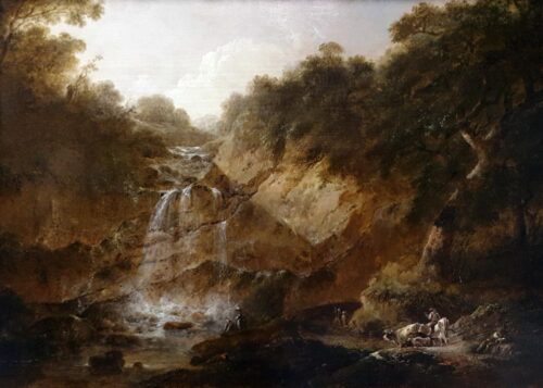 oeuvre de jean-baptiste pillement - paysage à la cascade - huile sur panneau