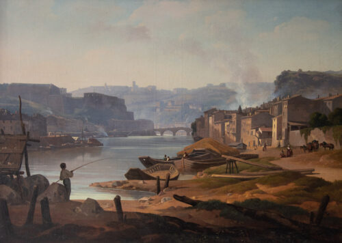 oeuvre de antoine ponthus-cinier - bord de saône animé - huile sur toile