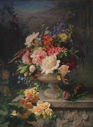 oeuvre de charlotte elise puyroche-wagner - fleurs sur un entablement - huile sur toile