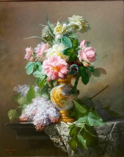 oeuvre de jean-marie reignier - bouquet de fleurs sur un entablement - huile sur toile