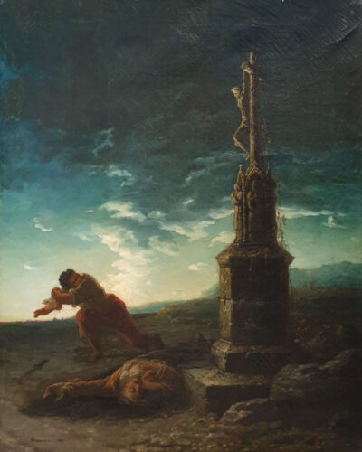 oeuvre de andré reverchon - crime près d’une croix - huile sur toile