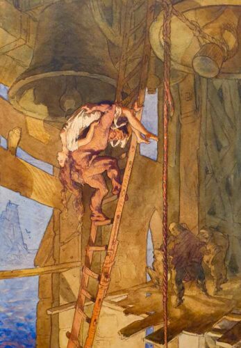 oeuvre de marcel roux - quasimodo portant la esmeralda dans l’une des tours de notre-dame de paris - aquarelle sur papier