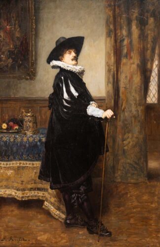 oeuvre de ferdinand roybet - portrait de gentilhomme au chapeau noir - huile sur toile