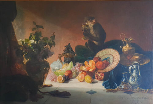 oeuvre de adolphe louis castex-degrange - singe buveur entouré de fleurs et fruits - huile sur toile