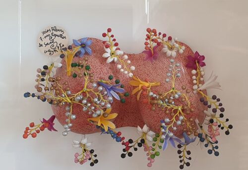 oeuvre de henri ughetto - seins fleurs 7000 gouttes de sang - assemblage de factices dans un parallélépipède de plexiglass