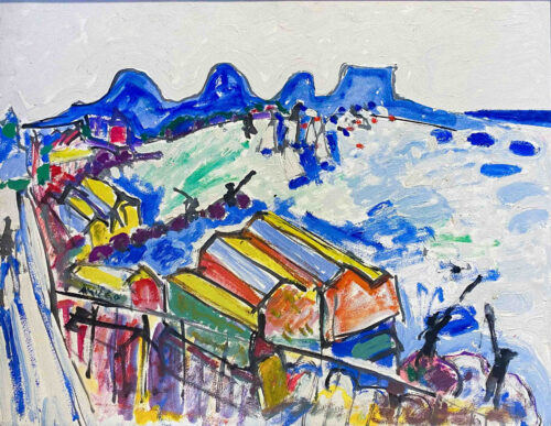 oeuvre de armand avril - la mer et les montages bleues - huile sur papier