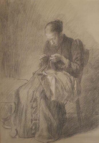 oeuvre de joseph auguste brunier - femme à sa couture - craie noire et craie blanche sur papier