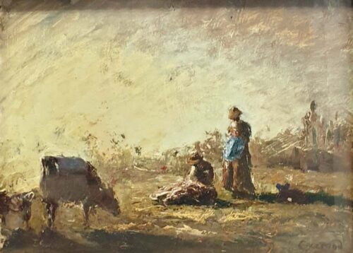 oeuvre de louis-hilaire carrand - bergère et vache dans le pré - huile sur carton