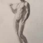 Académie d'homme avec bâton sur l'épaule Crayon noir sur papier 59 x 44 cm