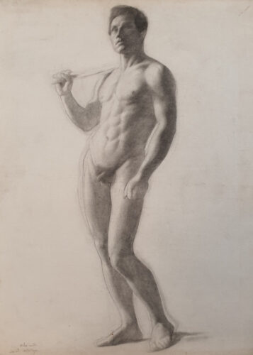 oeuvre de auguste chavard - académie d’homme avec bâton sur l’épaule - crayon noir sur papier