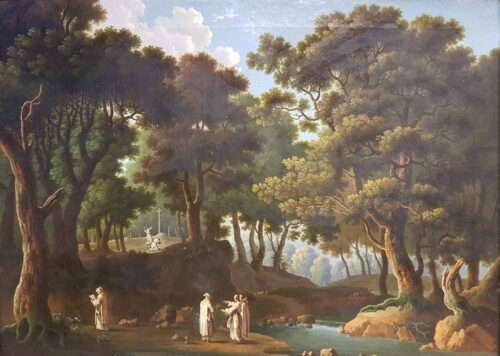 oeuvre de florentin servan - moines chartreux dans une forêt - huile sur toile