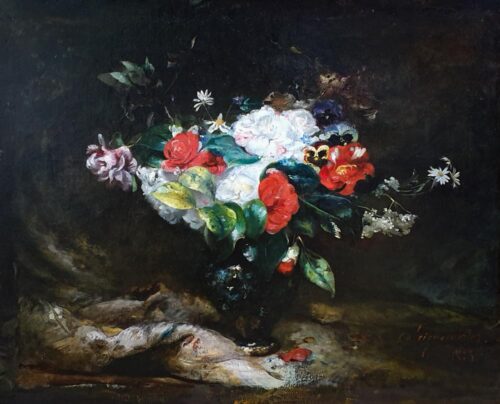 oeuvre de jean seignemartin - bouquet de fleurs dans un vase bleu - huile sur toile