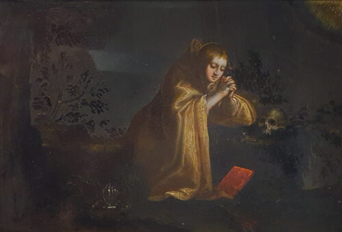 oeuvre de jacques stella - marie-madeleine en prière - huile sur marbre noir