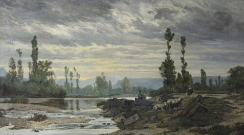 oeuvre de louis guy - berger et son troupeau près de la rivière - huile sur toile