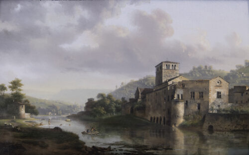 oeuvre de jean-michel grobon - l’île barbe vue de saint rambert - huile sur panneau