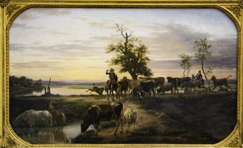 oeuvre de jean-antoine duclaux - grand paysage aux chevaux et vaches - huile sur toile