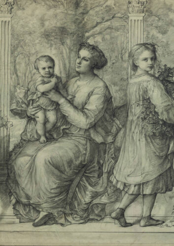 oeuvre de louis janmot - la famille de l’artiste, carton pour le décor de la maison de l’artiste à bagneux - crayon graphite et rehauts de craie blanche sur papier