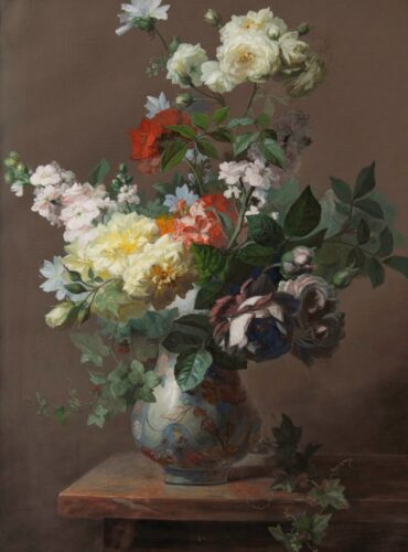 oeuvre de école lyonnaise - fleurs dans un vase - gouache sur papier