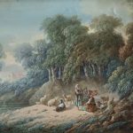 Tableau de Jean-Baptiste HUET (1745 – 1811), Paysage animé, Gouache sur papier, 23,5 x 31,5 cm
