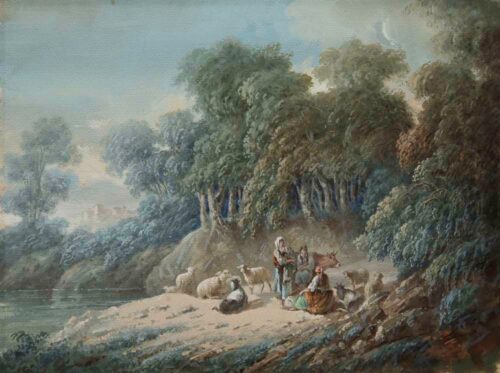 oeuvre de jean-baptiste pillement - paysage animé - gouache sur papier
