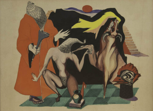 oeuvre de dimitri varbanesco - le grand prêtre, léda et le minotaure - gouache, aquarelle, encre sur papier