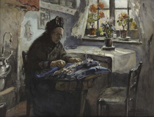 oeuvre de eugène villon - la dentelière - aquarelle et gouache sur papier