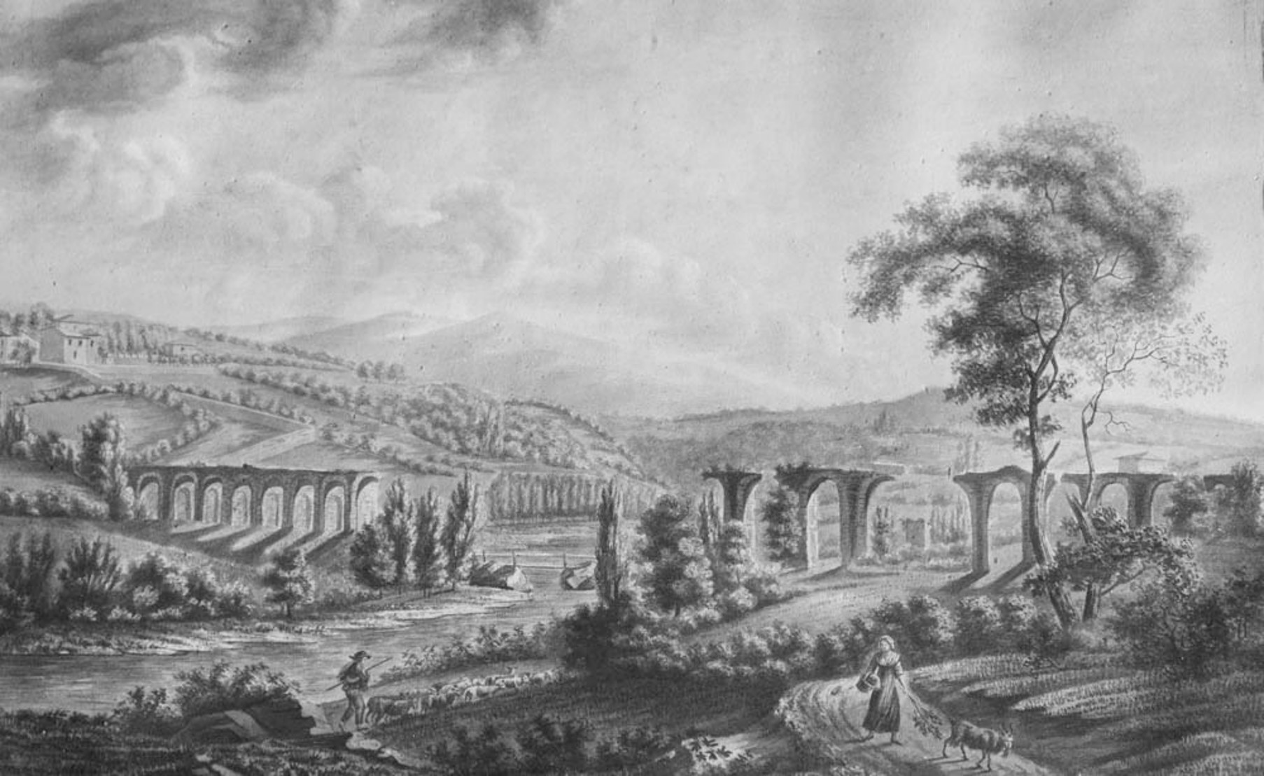 Vue des ruines des aqueducs de Beaunant