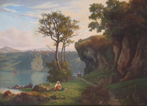 oeuvre de gaspard anrioud - paysage animé près d’un lac - huile sur toile