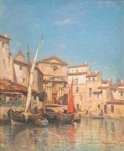 oeuvre de adolphe appian - voiliers devant sainte madeleine de l’île à martigues - huile sur toile