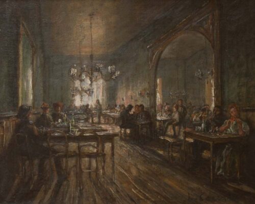 oeuvre de louis-hilaire carrand - intérieur animé d’un café - huile sur toile