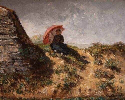 oeuvre de louis-hilaire carrand - femme à l’ombrelle dans un paysage - huile sur toile