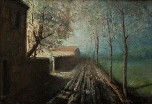 oeuvre de louis-hilaire carrand - chemin bordé d’arbre - huile sur papier marouflé sur carton