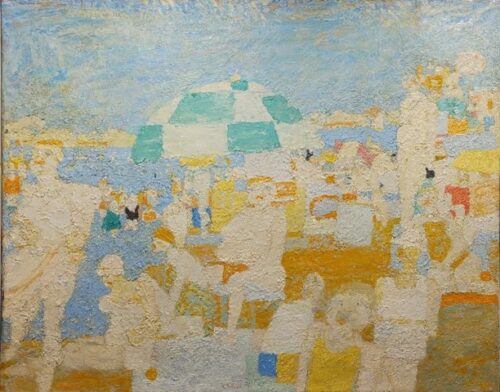 oeuvre de henri castella - scène de plage, les baigneurs - huile sur papier