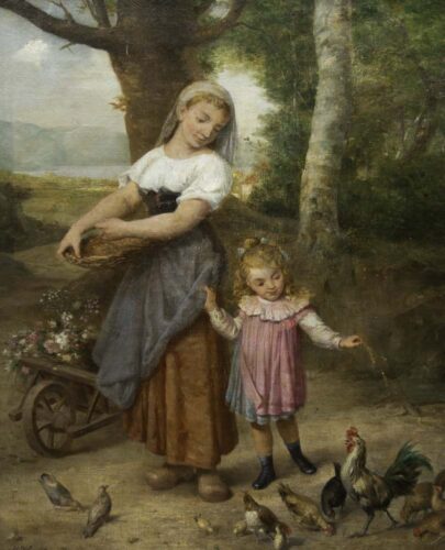 oeuvre de henry joseph dubouchet - femme et son enfant avec des poules - huile sur toile